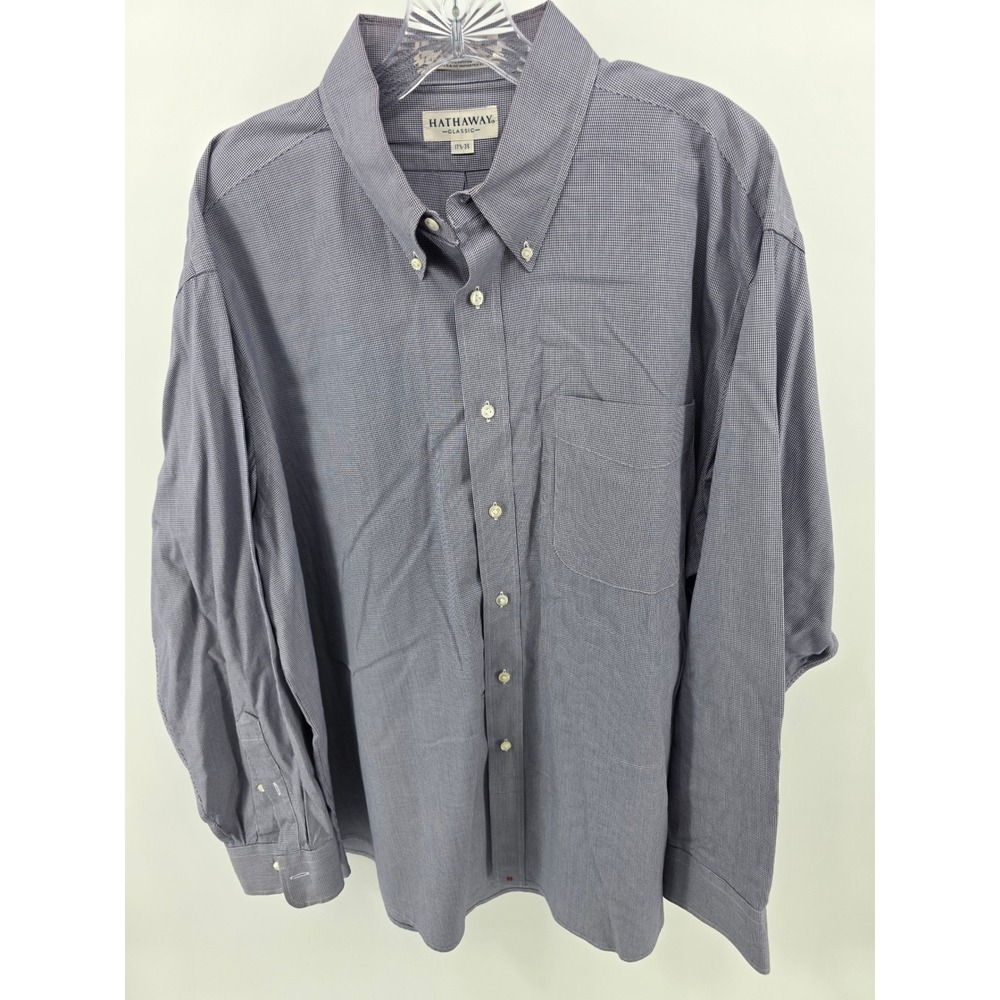 Hathaway Classic Mens Blue Micro Check Button Down Dress Shirt 17.5 35 3049